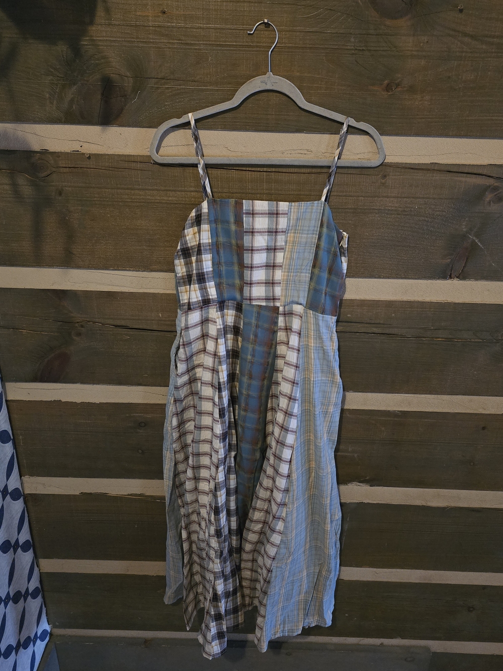 Plaid Patchwork Sundress - Blue & Cream